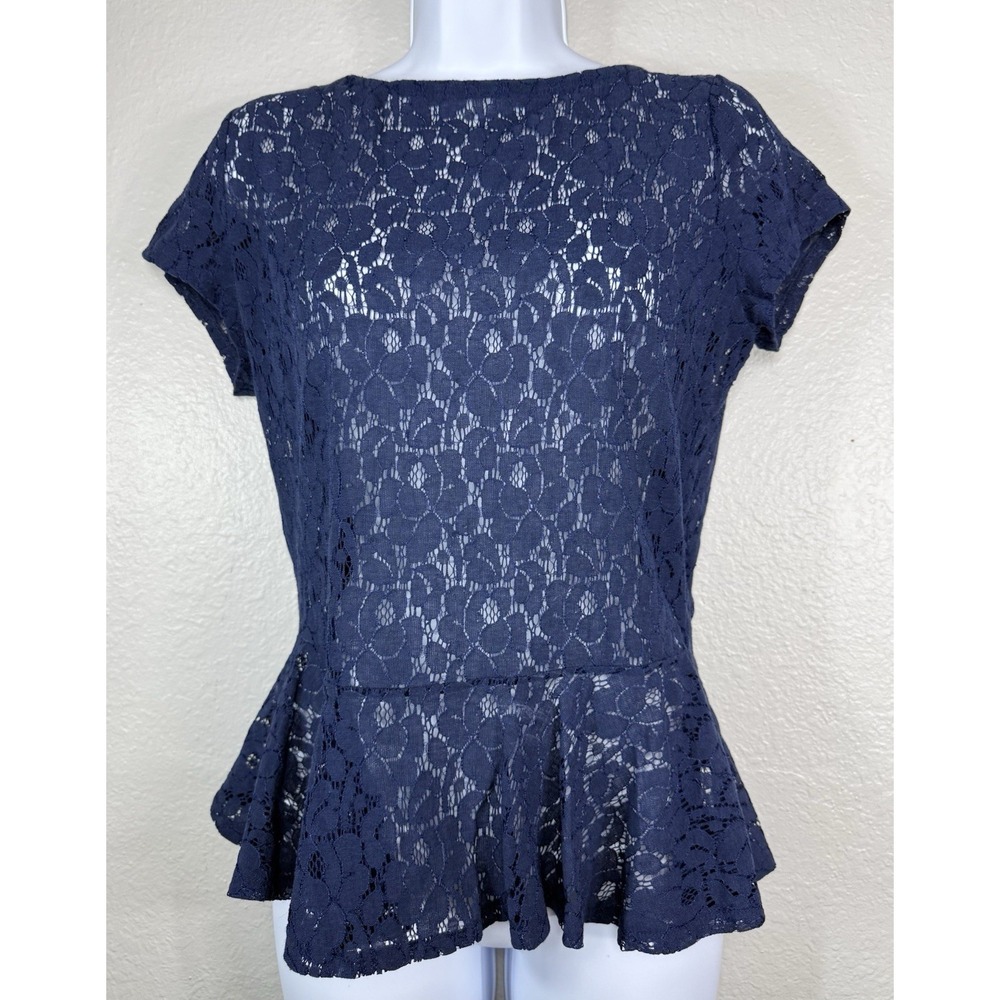 Gap Sheer Floral Lace Peplum Blouse Navy Blue Size M Top